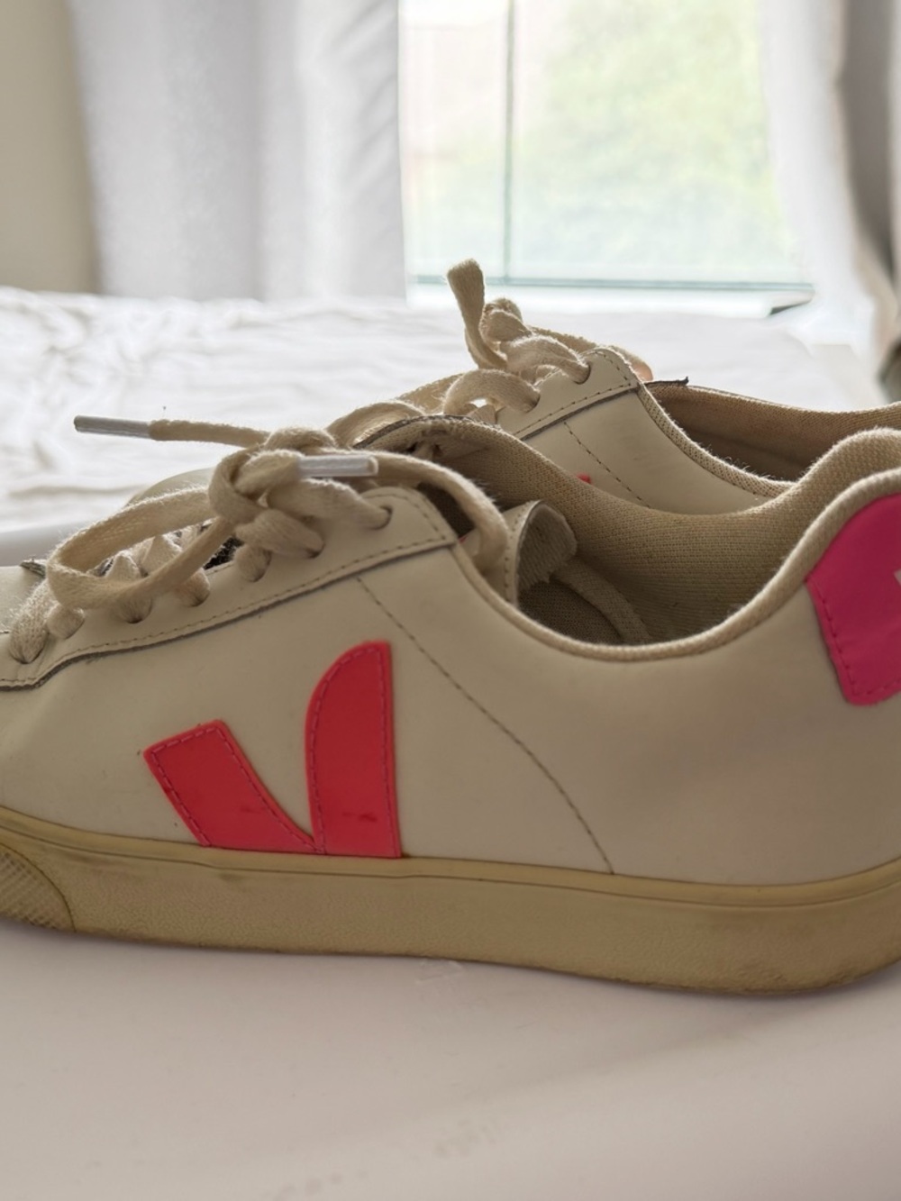 Veja Cream Sneakers with Pink V Logo
